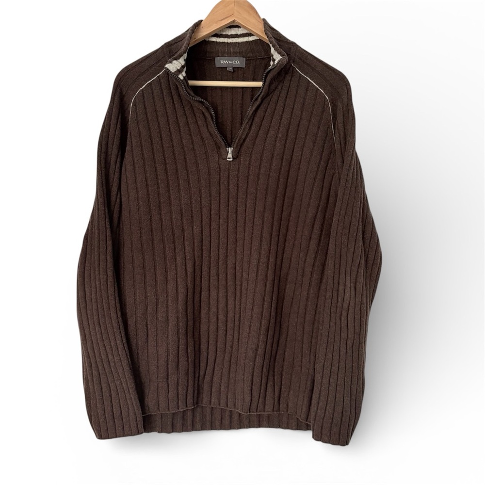 RW&CO. Ribbed Chocolate Brown Cotton Lambswool Half Zip Knit Sweater Mens Medium